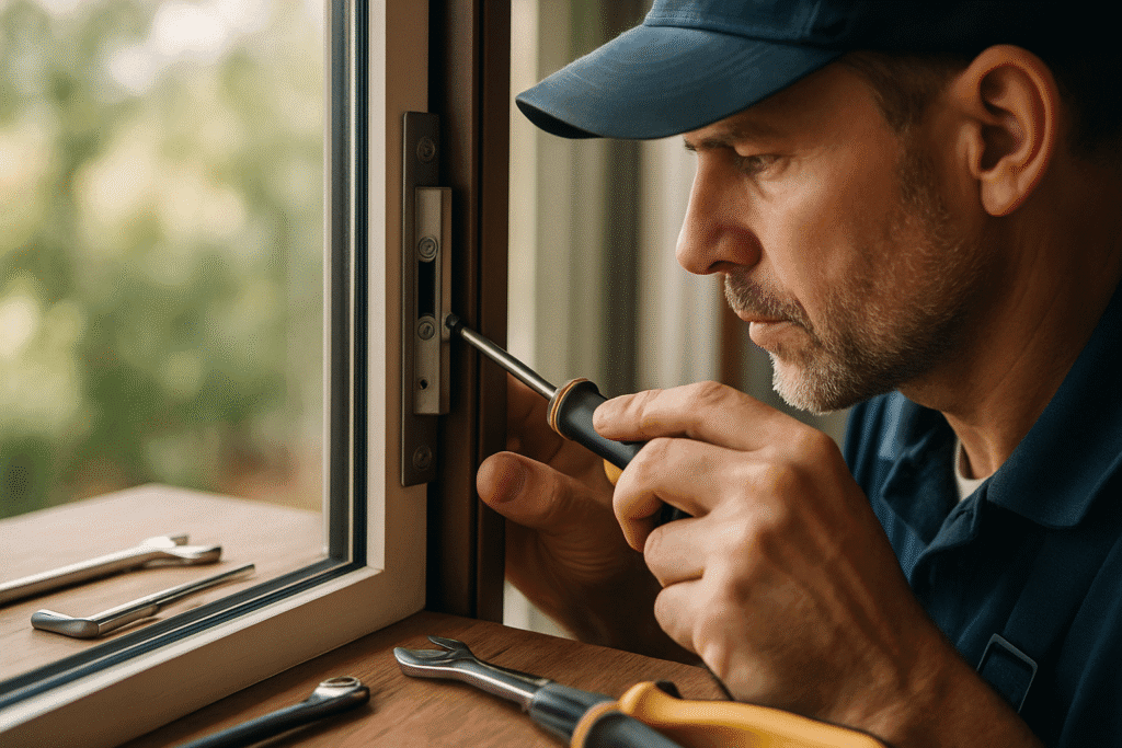 Locksmith replacing a door knob and handle on a residential door in Parker, Colorado.