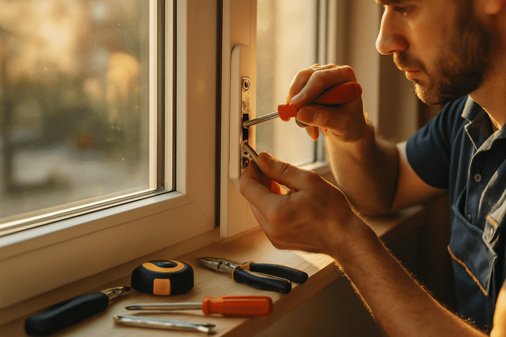 Technician repairing a residential window lock to improve home security in Parker, Colorado.